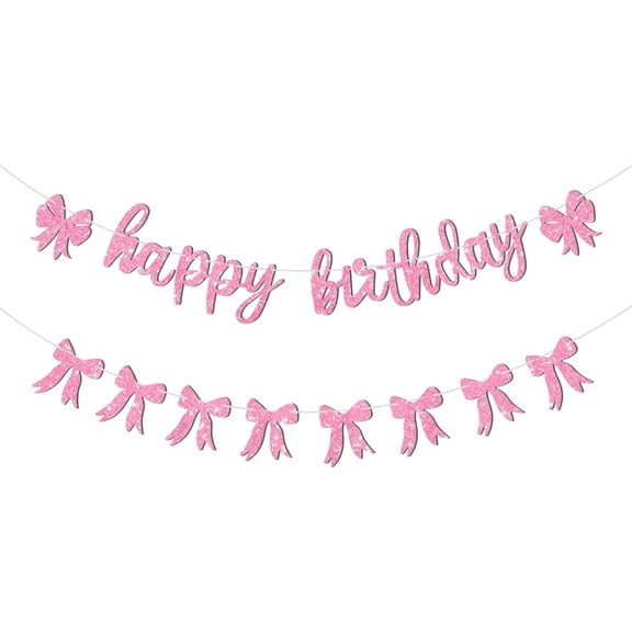 Happy Birthday Bow Banner-Glitter Pink Birthday Banner for Women Coquette Decorations for Coquette Party Bow Party Decorations Pink Supplies.