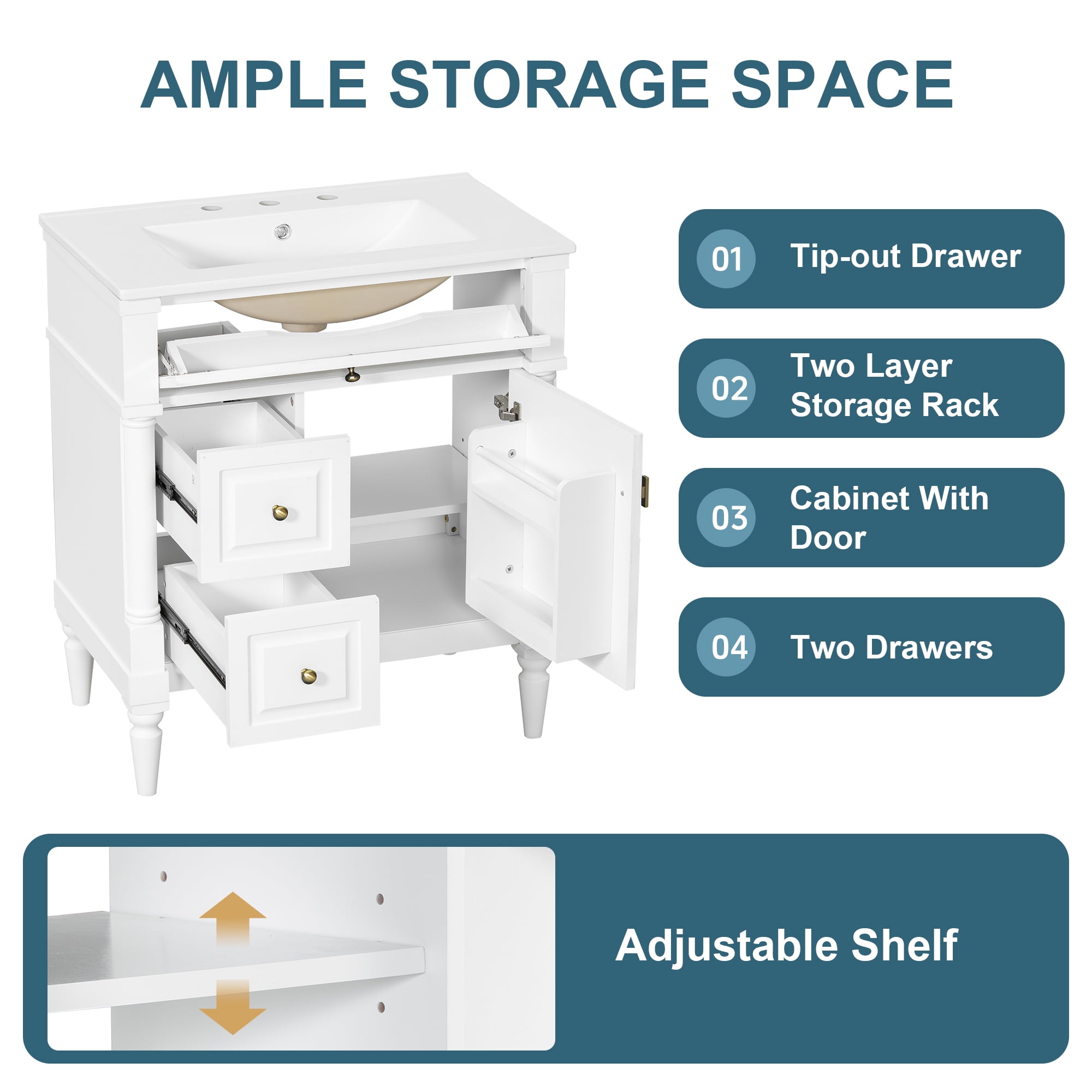 Alvantor 30" Bathroom Vanity with Ceramic Sink, Freestanding Storage Cabinet with Flip Drawers White