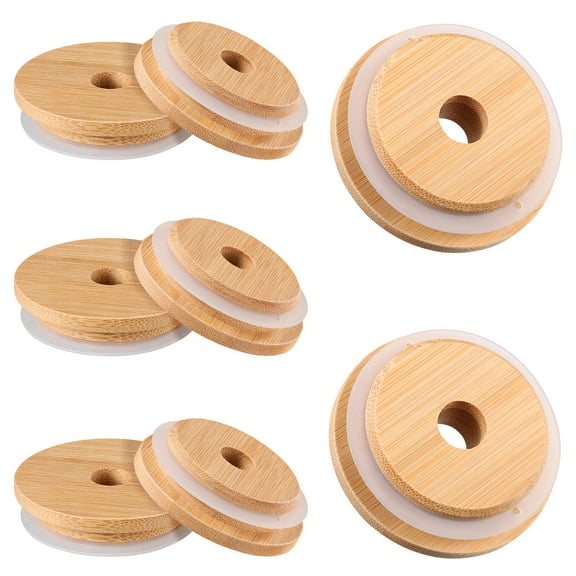 LEORX 8Pcs Mason Jar Lids Bamboo with Straw Hole for Canning and Dust Protection