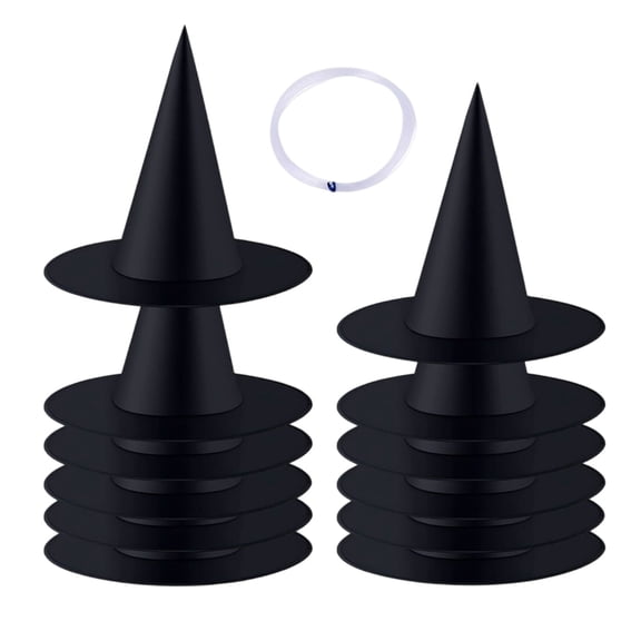 Witch Hats Hanging Decor, 12 Pack Spooky Halloween Decor, Black Halloween Witch Hat for Outdoor Yard, Halloween Party Decorations, Hanging Witch Hats for Halloween Events, 15X14