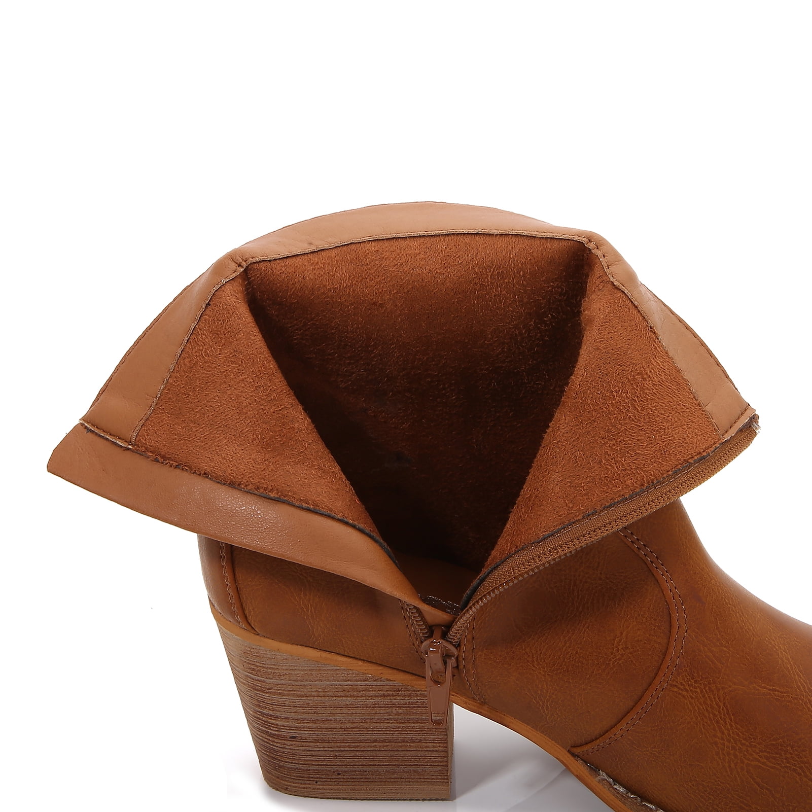 Women PU Leather Stacked Block Heel Western Cowboy Ankle Zip Up Boots (Camel / 10)