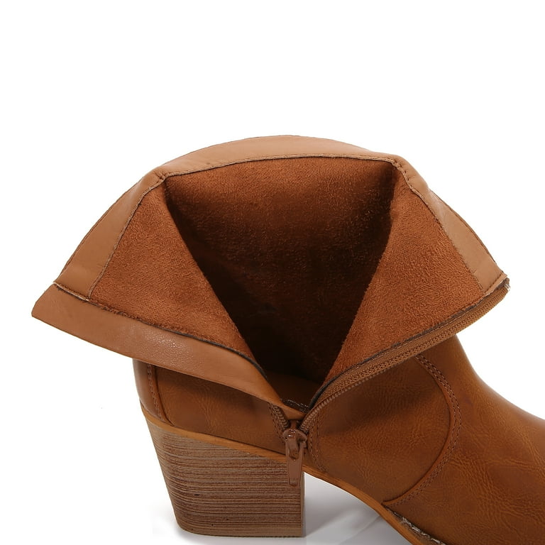 Women PU Leather Stacked Block Heel Western Cowboy Ankle Zip Up