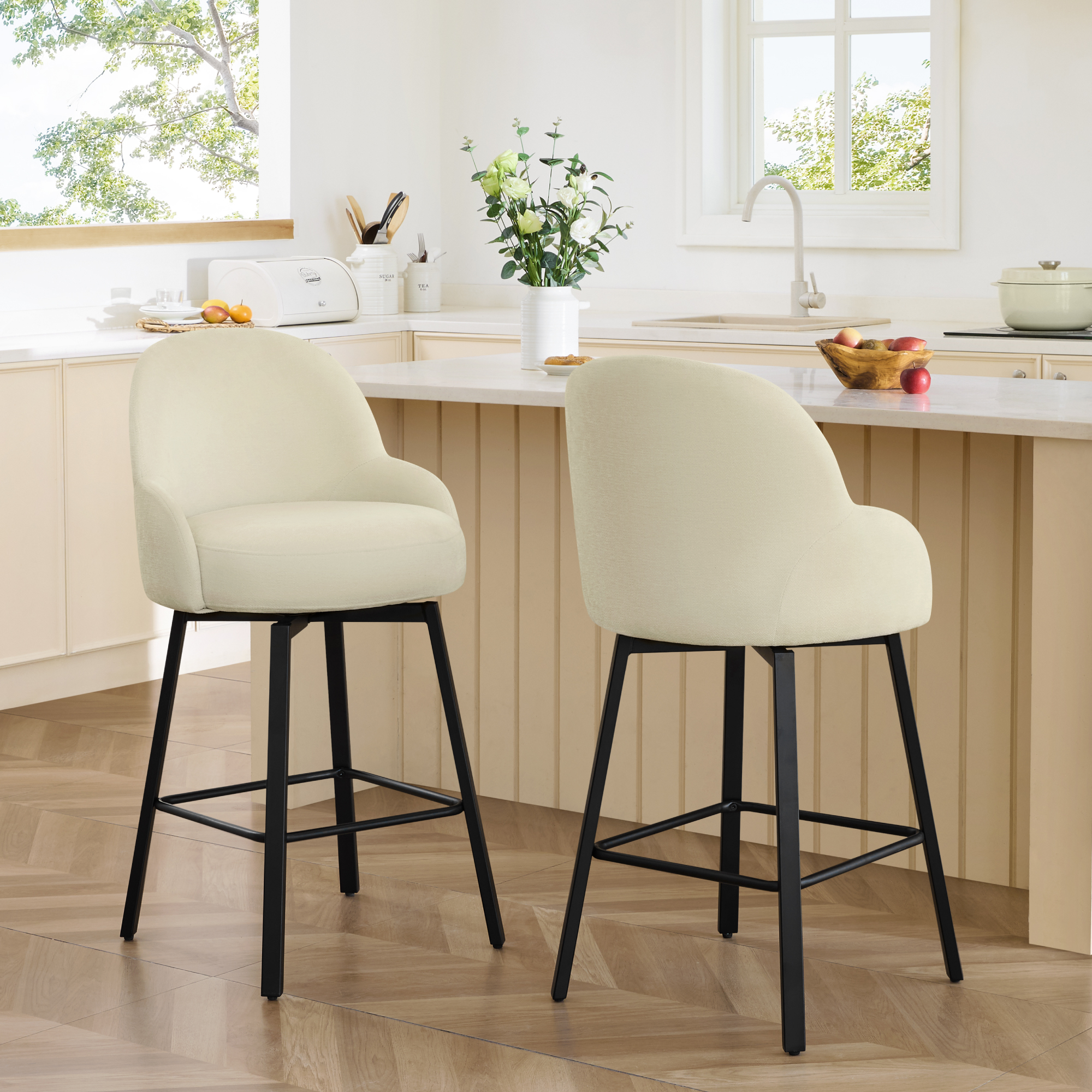 Spruce & Spring Counter Height Swivel Bar Stool with Upholstered Seat and Footrest Set of 2, Beige