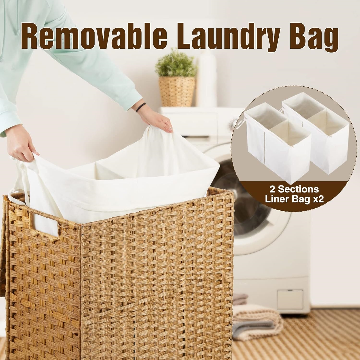 Laundry Hamper with Wheels, No Install Needed, 110L Divided Handwoven Hampers & 2 Removable Liner Bags, Synthetic Rattan Clothes Laundry Basket with Lid & Handles, Foldable Hampers Natural