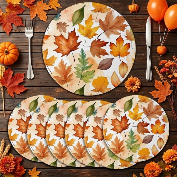 MIZHONA Fall Round Placemats Set of 6 Autumn Thanksgiving Table Mat 14 inch for Kitchen Dining Table Decoration