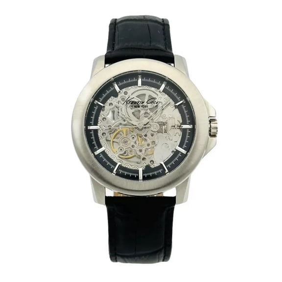 Kenneth Cole New York Men's Automatic Skeleton Dial Watch Black Leather Band New
