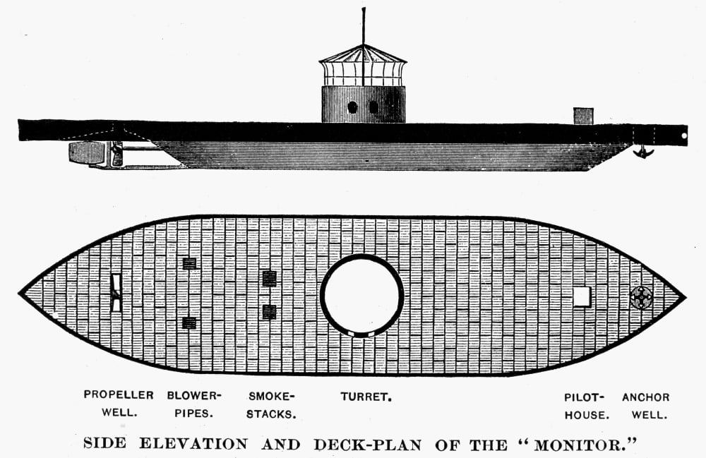 Civil War Monitor. /Nside Elevation And Deck Plan Of John Ericsson'S Ironclad Steam Batter Uss
