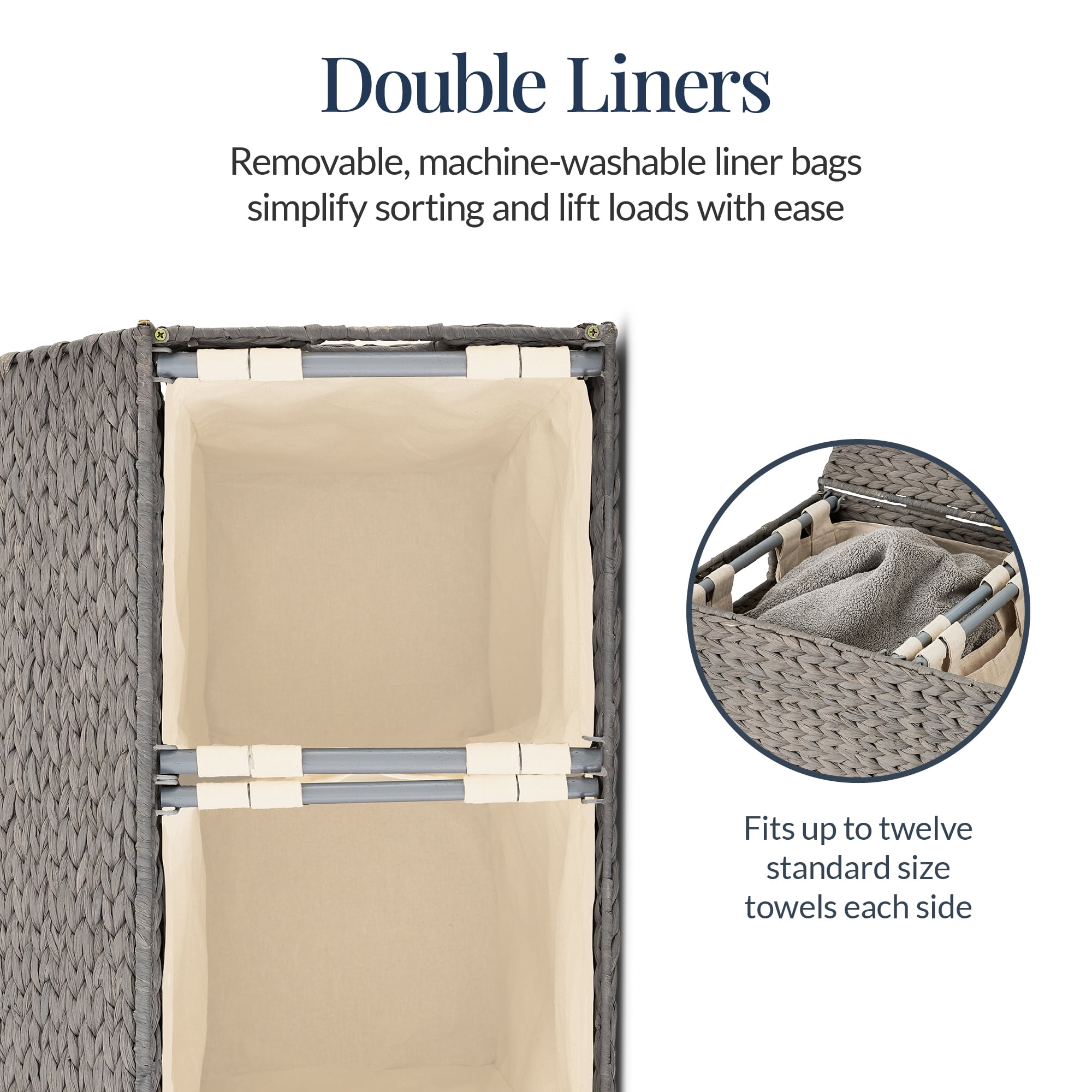 Best Choice Products Large Natural Water Hyacinth Double Laundry Hamper Basket w/ 2 Liner Bags, Handles - Gray
