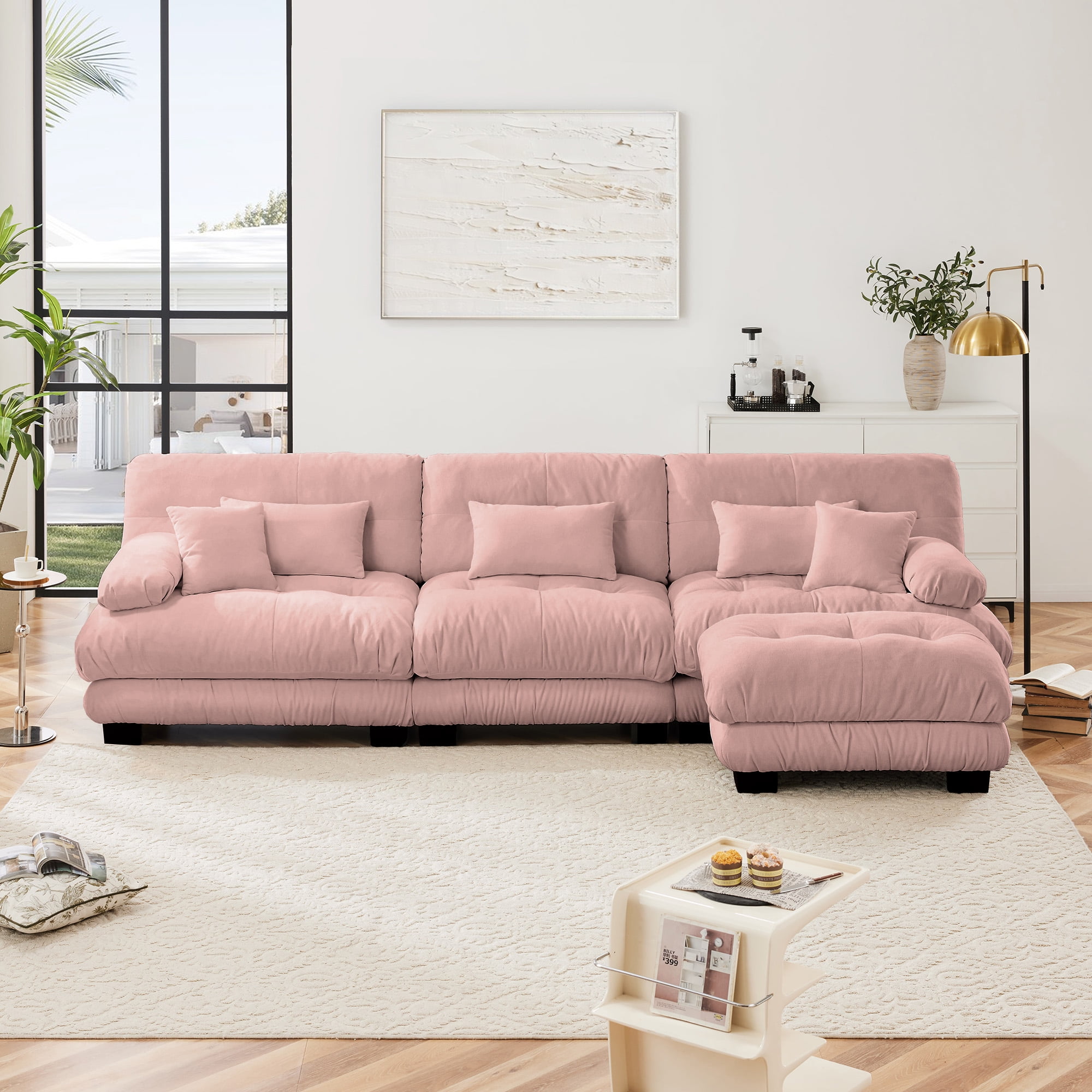 Gewnee Luxury Modular Deep Seat Pink Chenille Sectional Sofa Couch with Convertible Ottoman,Oversized L Shaped Cloud Couch for Living Room