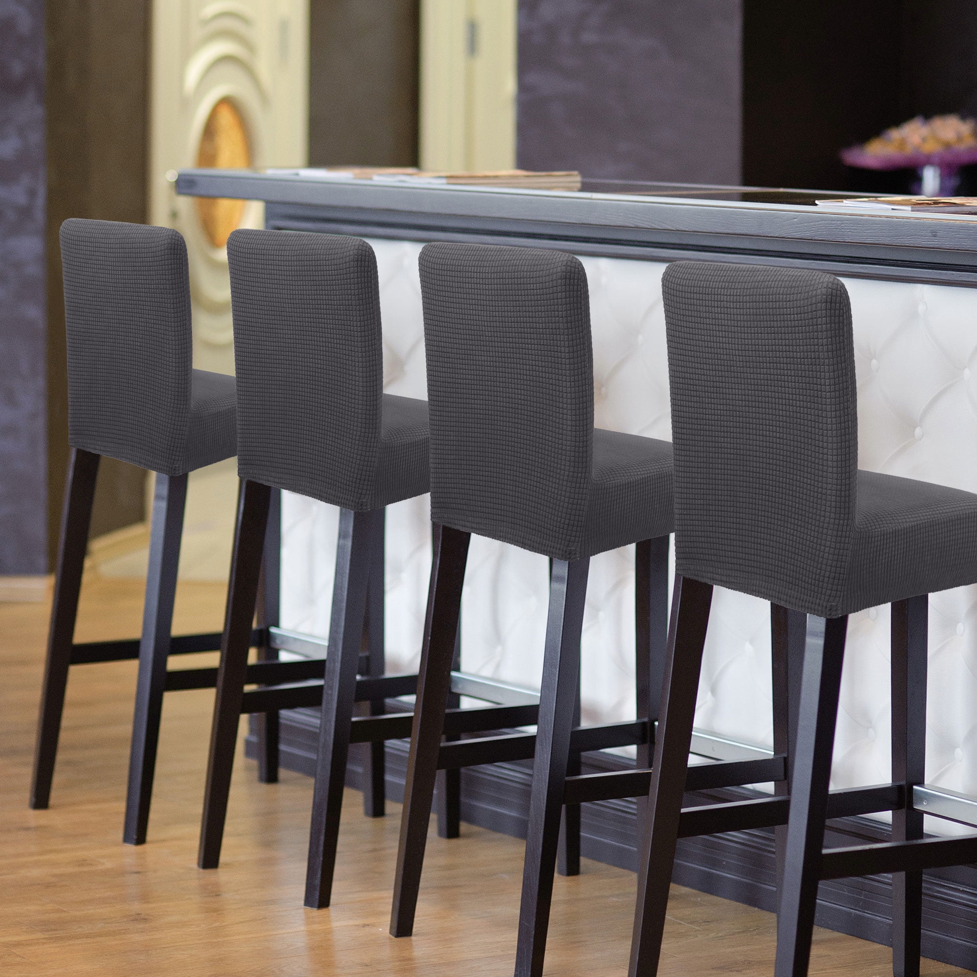 Unique Bargains Polyester Stretch Bar Stool Covers Elastic Band Mid Back Chair Slipcover Grey 4 Pcs