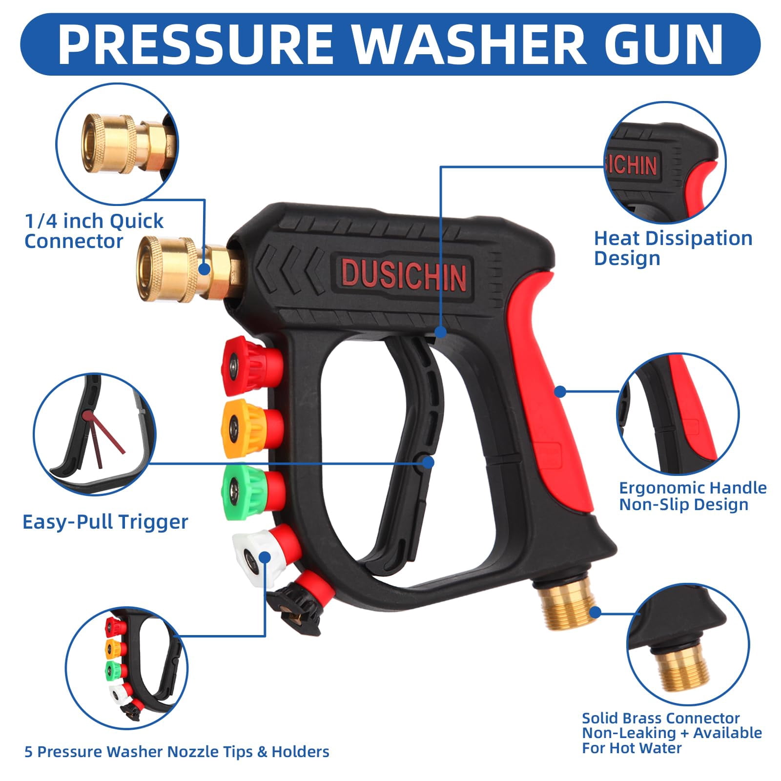 DUSICHIN Pressure Washer Short Gun Foam Cannon 1/4" Quick Connector,Car Wash Foam Gun Kit Dual Connector Accessory,Double Tip Attachment For Soap Cannon with 5 Nozzle Tips