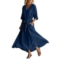 thumbnail image 2 of Smsaxvxz Women's Summer Dresses Fashion Solid V Neck 3/4 Sleeve Tie Knot Waist Maxi Dress with Pockets Casual Loose Beach Sundress Navy S, 2 of 7