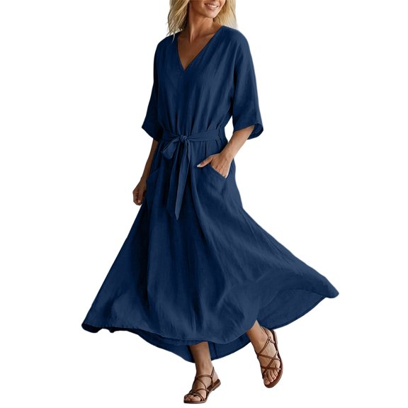 Bosfbaoi Dresses for Women V Neck 3/4 Sleeve Self Tie Waist Pockets High Low Maxi Dress Casual Textured Linen Dress