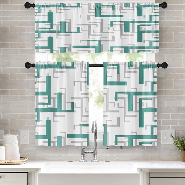 36 Inch Kitchen Curtains Teal and Grey Geometric Abstract Art Window Curtains and Valances Set of 3, White Modern Art Background Short Tier Curtain for Kitchen,Vintage Small Kitchen Decor