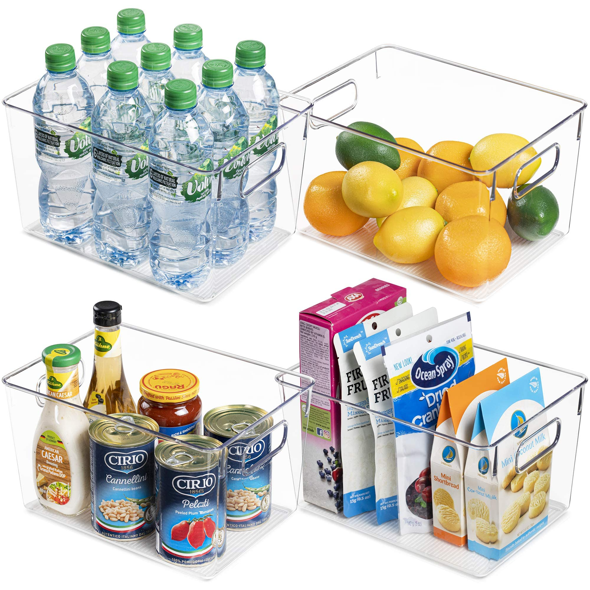 Sindcom 4 Pack Clear Plastic Storage Bins with Handles, Pantry Organizer Bins, for Refrigerator, Freezer, Cabinet, Kitchen, Countertops, Large