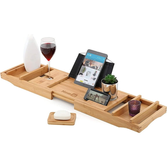 Homiu Bath Caddy Bamboo Expandable 100% Natural Bamboo Wooden Bathtub Tray with Book and Tablet Stand Wine Glass Holder Luxury Organiser for Bathroom Home Spa