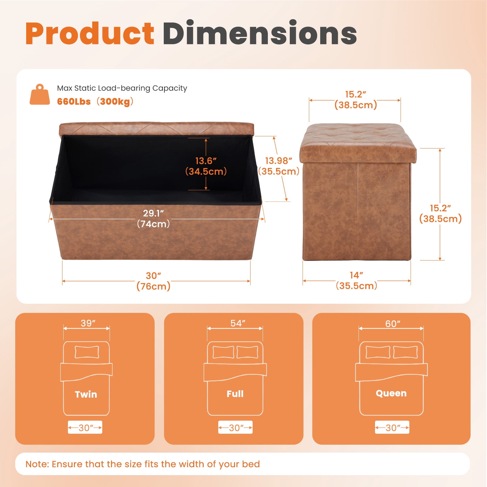 CONCETTA 30" Storage Ottoman Bench, Foldable Storage Chest, End of Bed Foot Stool with Padded Seat, Bedroom Bench, Support 660lbs, PVC Brown