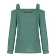thumbnail image 4 of Lovskoo Long Sleeve Shirts for Women Cusal Round Neck Cold Shoulder Lightweight Sweatshirts Solid Color Pullover Tops Green, 4 of 5