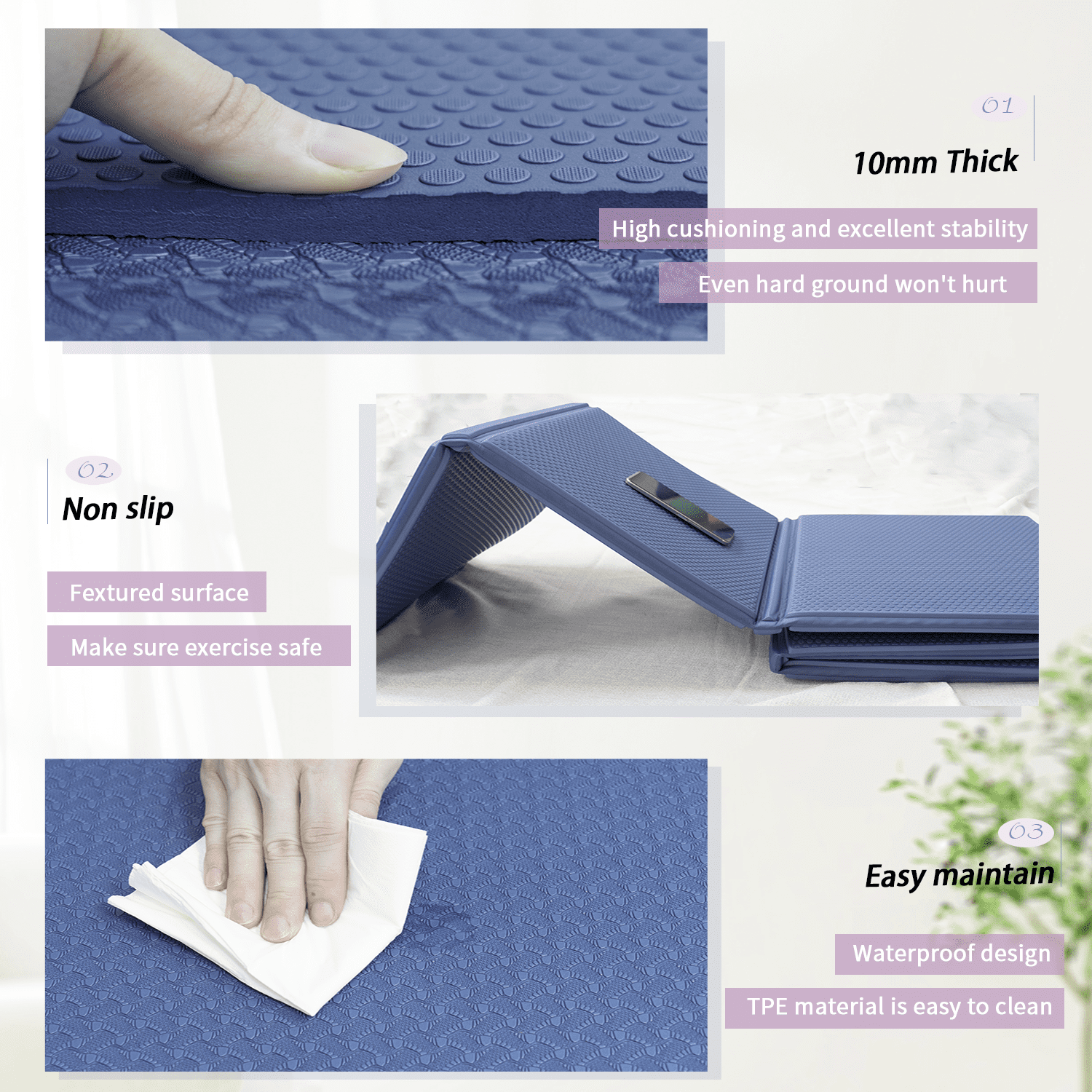 YR Foldable Yoga Mat Large 78X51" 10mm Thick Non-Slip TPE Folding Exercise Fitness Gymnastics Mat, Blue