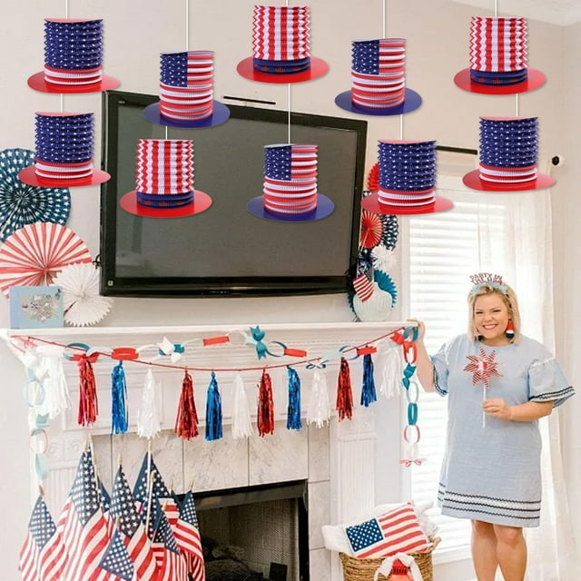 12 Farolillos de Papel Plegables Tipo Acordeón con Temática Del Día de La Independencia, Ideales para Decorar Fiestas Temáticas Del 4 de Julio.