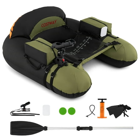 Costway Inflatable Float Tube with Adjustable Fishing Rod Holder Fish Hook Stator Flippers Green