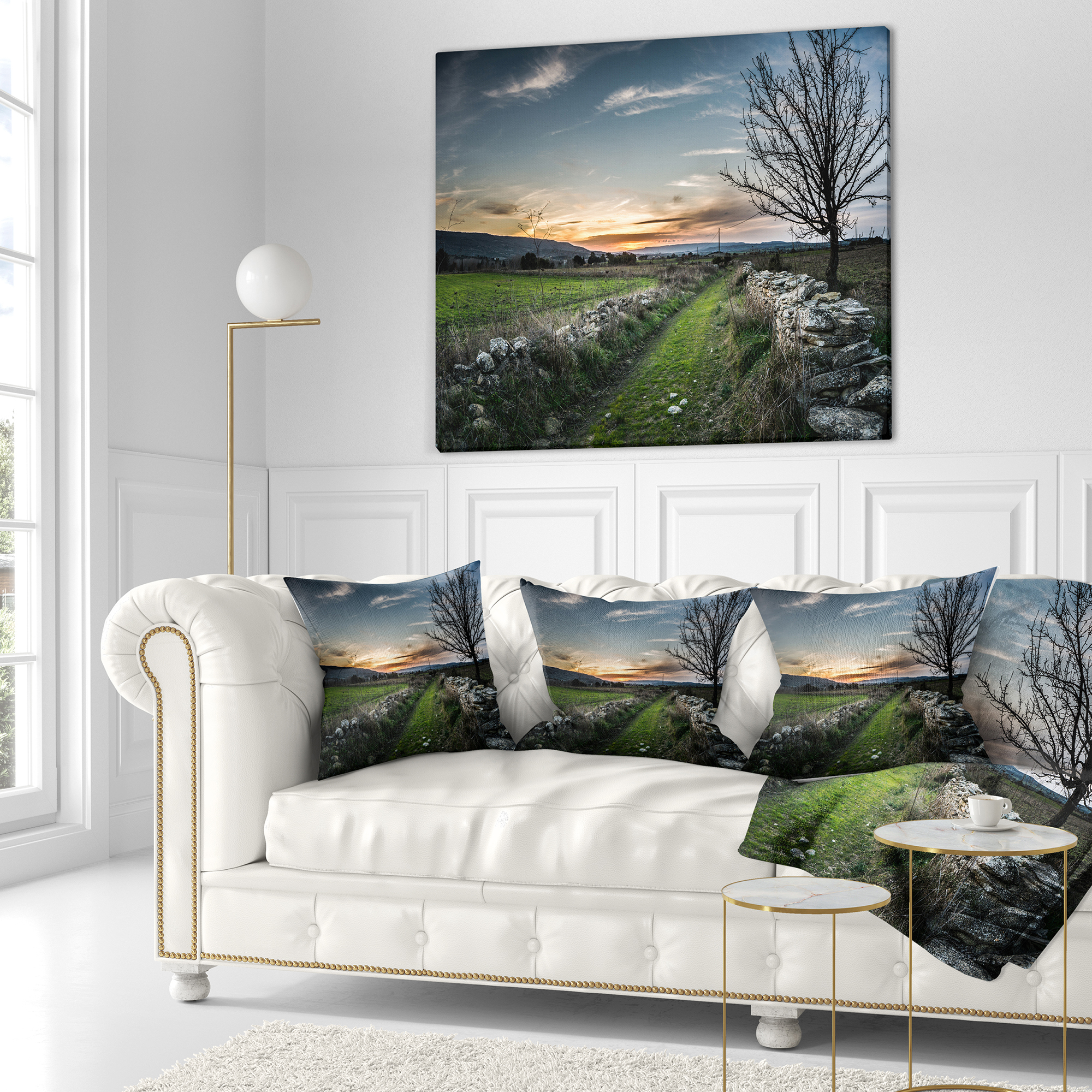 Designart Rocky Fences in Green Grassland - Landscape Printed Throw Pillow - 16x16