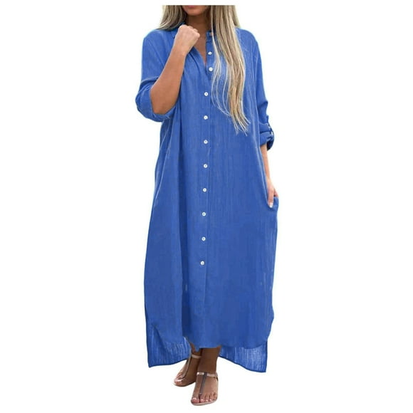 2025 Women Fashion Solid V Neck Midi Dress Shirt Long Skirt Maxi Dress Petite Length Casual Long Sleeve Cardigan Work Dresses for Women office Dress