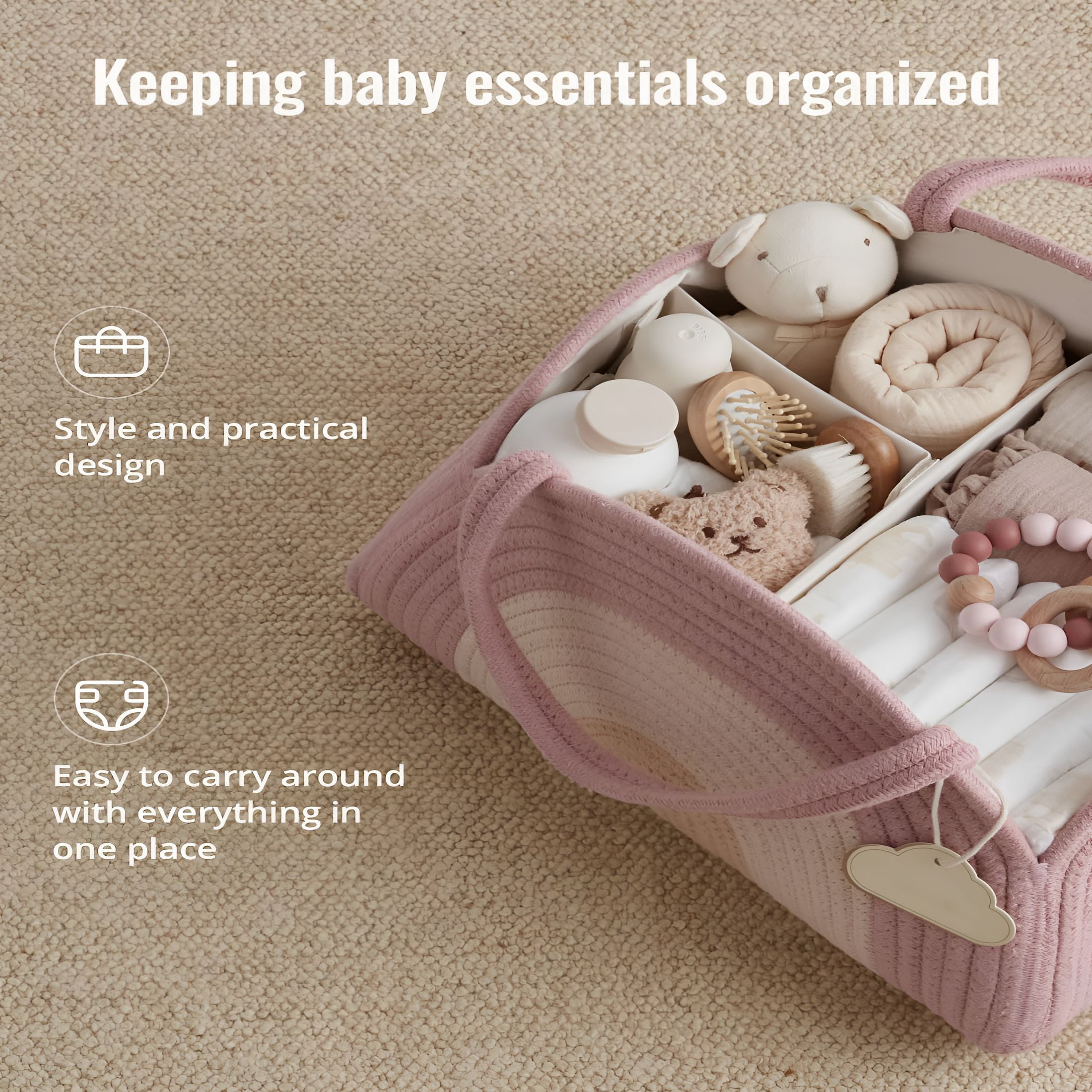 XIBUFE 2026 New Baby Diaper Caddy Organizer,Cotton Rope Diaper Caddy Basket,Large Storage Basket for Newborn Boys and Girls,Gift for Baby Shower List,Newborn Essentials,Blush Rainbow