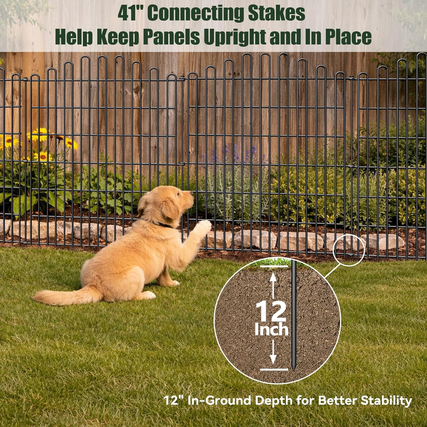 No Dig Decorative Garden Fence Panels, 5 Pack 33in H x 11.8ft L Metal Animal Barrier Dog Fence with 41in Stakes, 12in In-Ground Depth, Rustproof Picket-Style for Yard