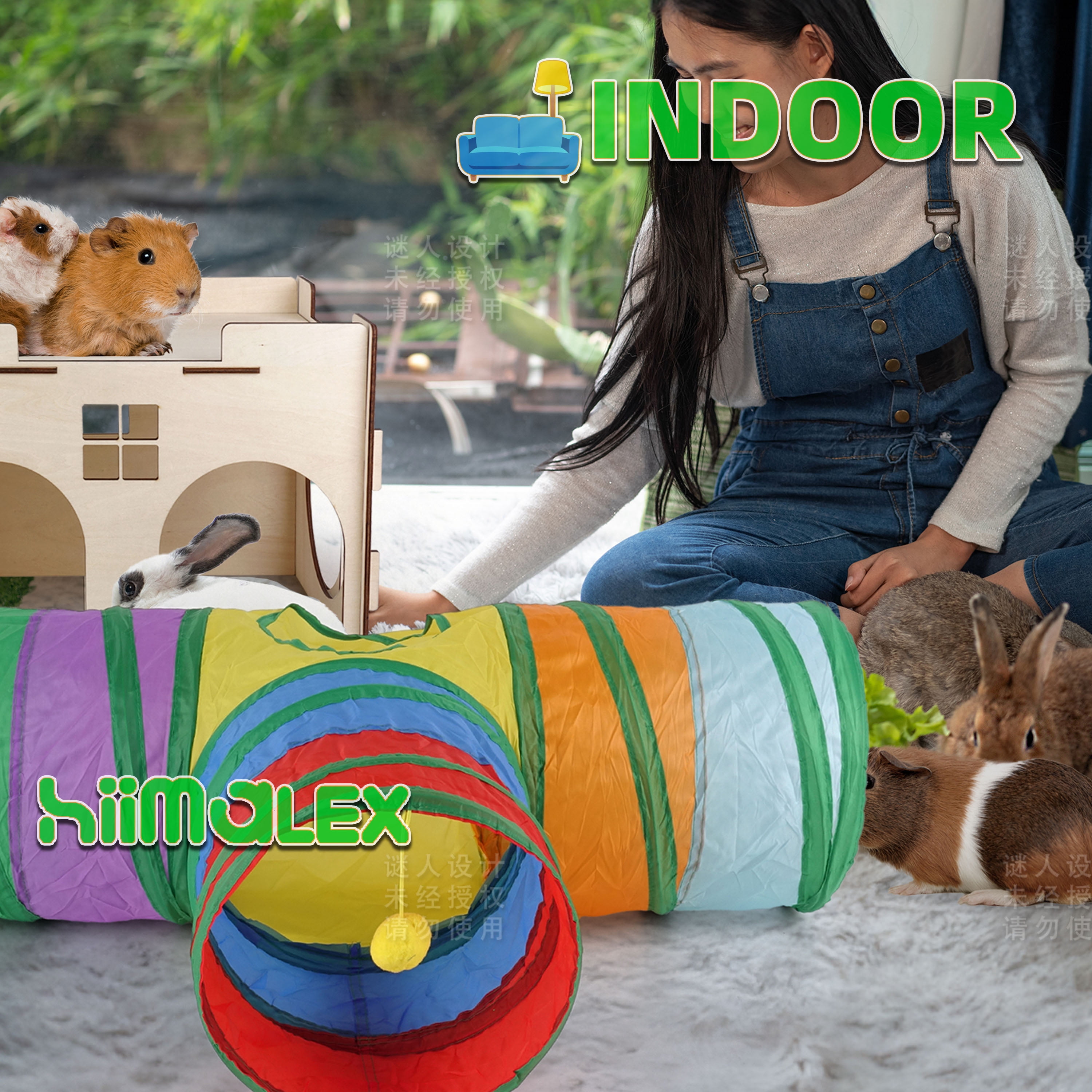 HIIMALEX Castle&Tunnel&Bed 3-in-1 Bunny's Gift Box: Extra Large Wooden Bunny Hideout with Ramp, Collasiple Tunnel and Soft Bed for Rabbit Guinea Pig Ferret Gerbil Hedgehog to Play Hide and Rest