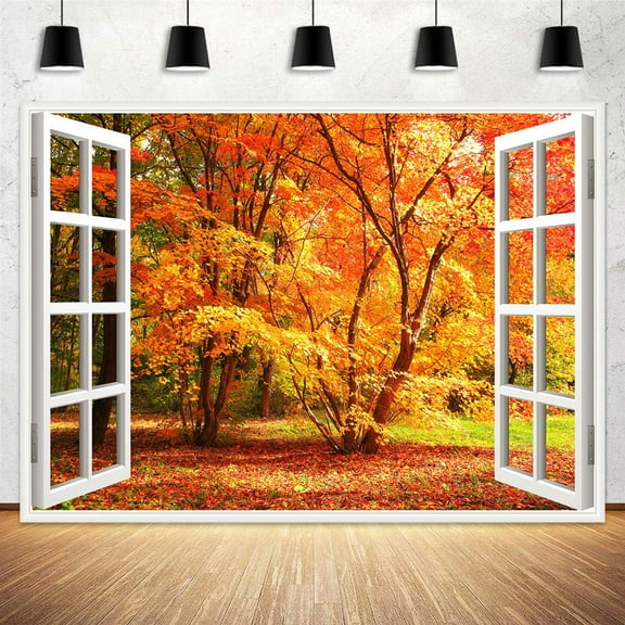 Autumn Window Backdrop Fall Natural Scenery Back Drop Thanksgiving Fall Backdrop Photography Fall Forest Tree Mountain Deciduous Backdrop Background Studio Props Outdoor Photo Backdrop 6X4FT