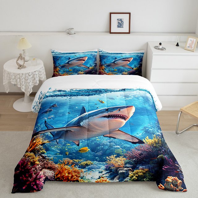 Erosebridal Literie Requin de Mer Ensemble de Couette Très Grand, Couette Poisson Océan, Enfants Adolescents, Réversible 3 Pcs