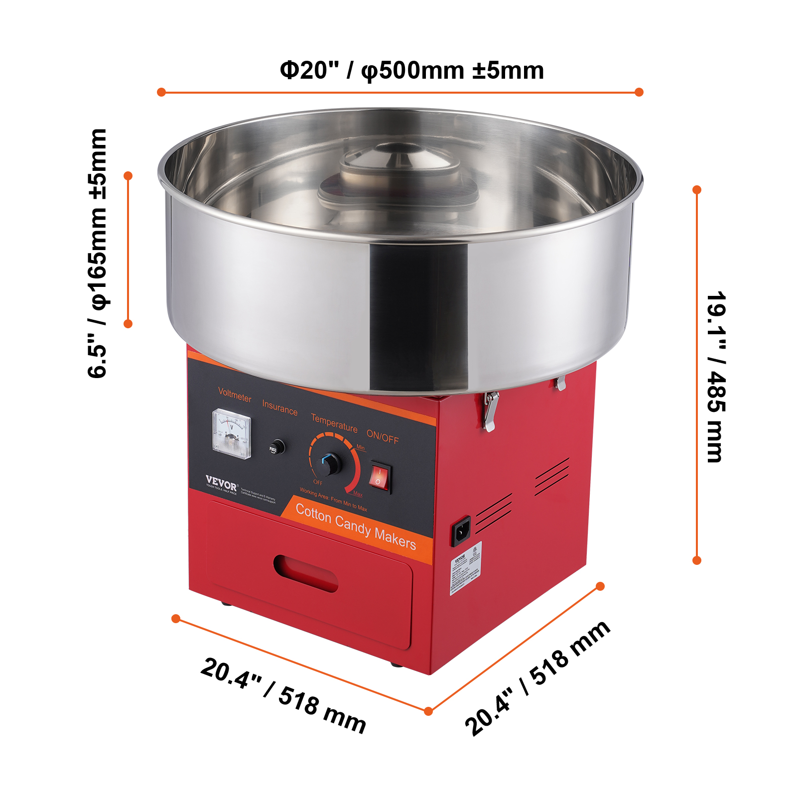 VEVOR Electric Cotton Candy Machine, 1000W Candy Floss Maker, Commercial Cotton Candy Machine with Stainless Steel Bowl, Sugar Scoop, and Drawer, Perfect for Home Kids Birthday, Family Party, Red