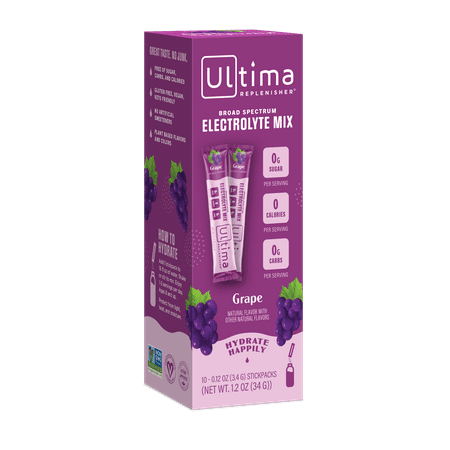 Ultima Replenisher Electrolyte Powder, Sugar Free Hydration Packets, Grape, 10 Stickpacks