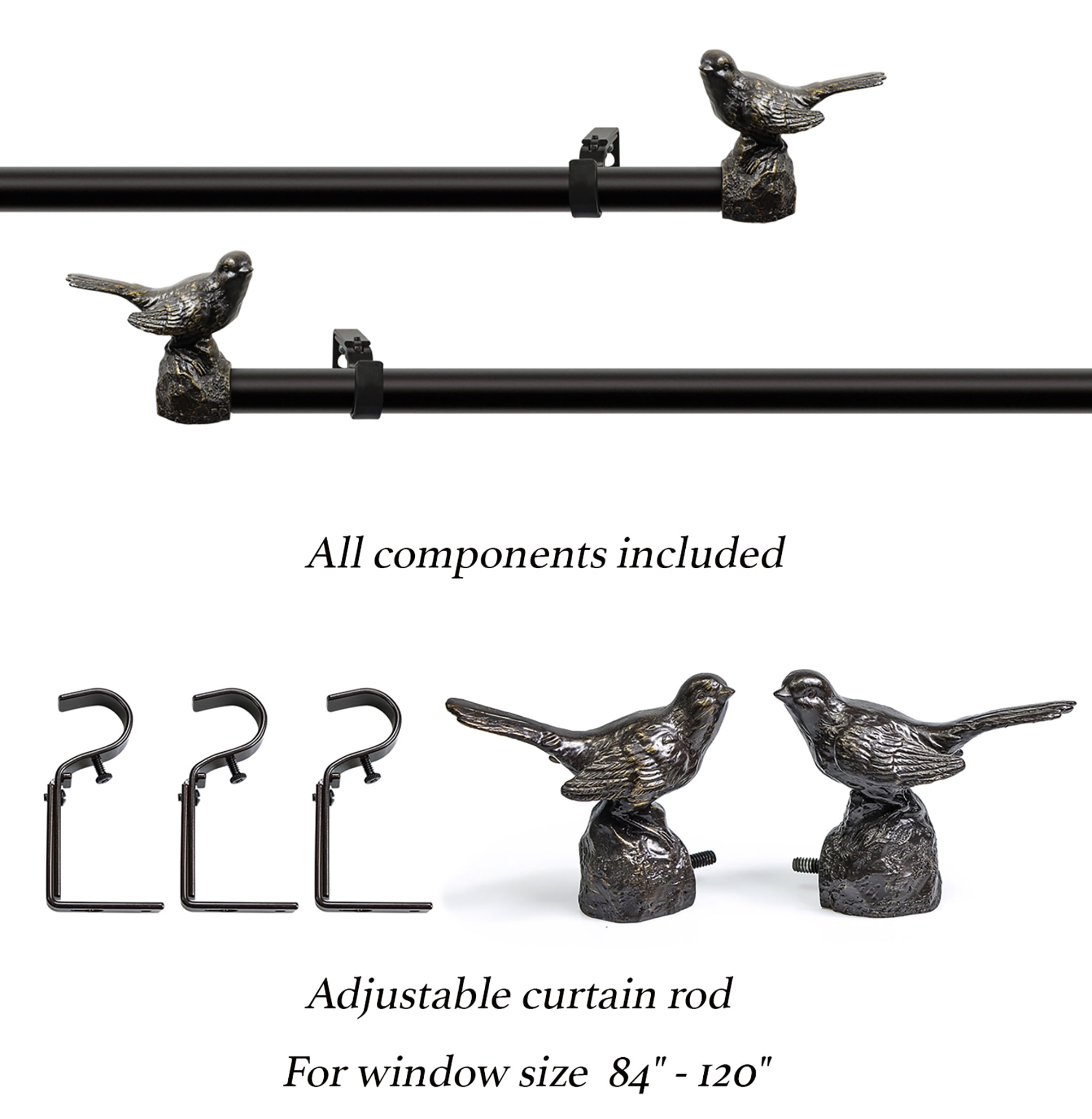 MERIVILLE 1" Single Curtain Rod Set, Adjustable 84–120 Inches, Bird Finials, Oil-Rubbed Bronze