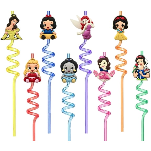 16 adorable cartoon princess straws, reusable straws, come with 16 detachable princess charms - 8 different styles of spiral party straws, suitable for birthdays, Christmas, children and adults.
