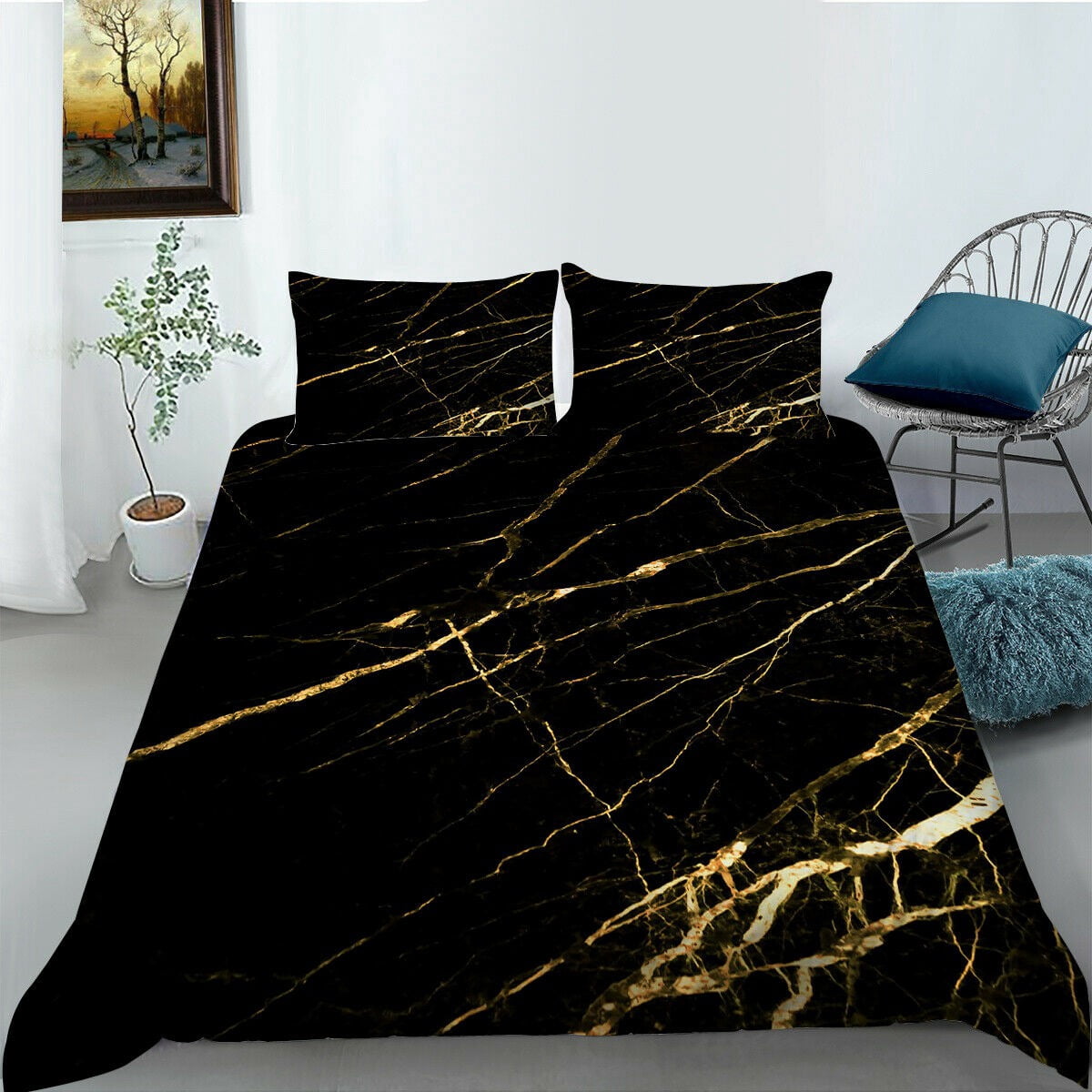 Vintage style paintbrush colour marbled watercolour artwork decorative bedding set with black