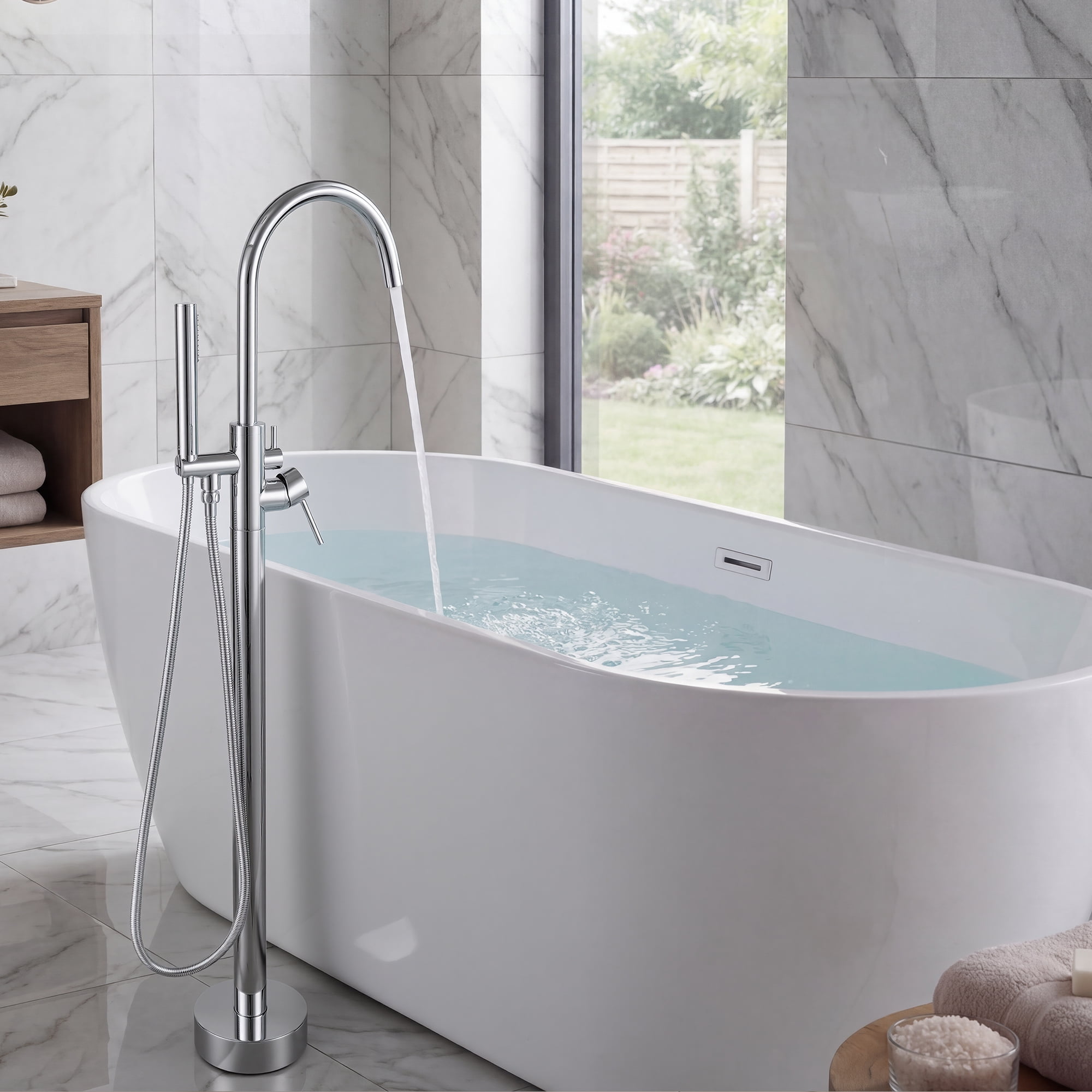 Free Standing Tub Faucet, High Flow Freestanding Bathtub Faucet with Handheld Shower & Gooseneck Spout, 360°Swivel Tub Filler, Brass Body, Chrome