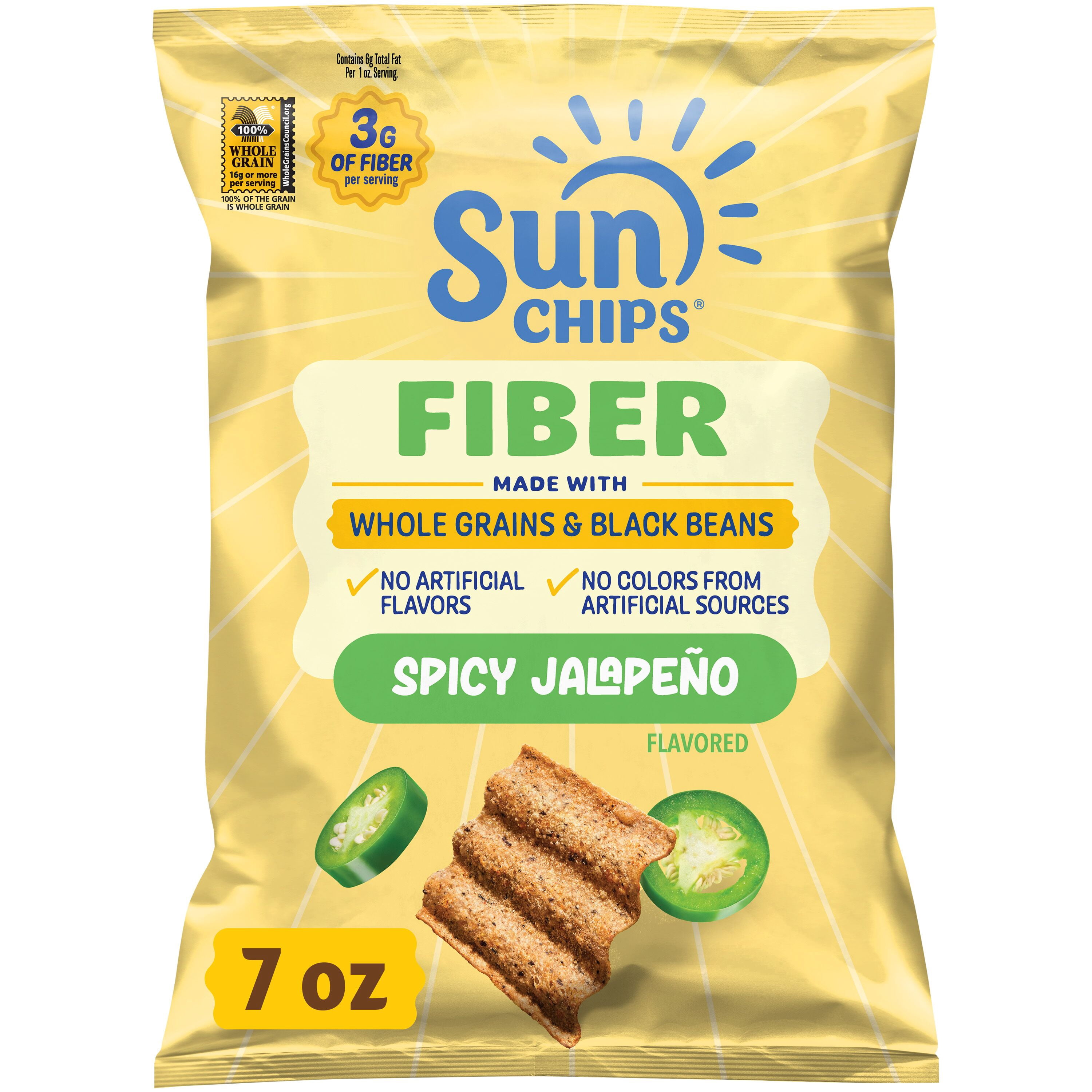 (3 pack) SunChips 100% Whole Grain Black Bean Spicy Jalapeno Snack Chips Bag, 7 oz​