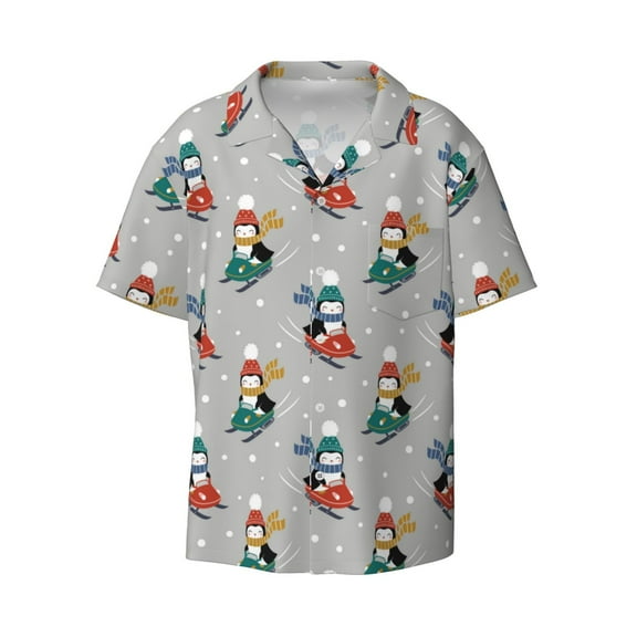 Ratiio Skiing penguin Print Mens Casual Short Sleeve Shirts Button Down Textured Shirts Summer Beach Shirt with Pocket Men's Casual Short-sleeved Shirt