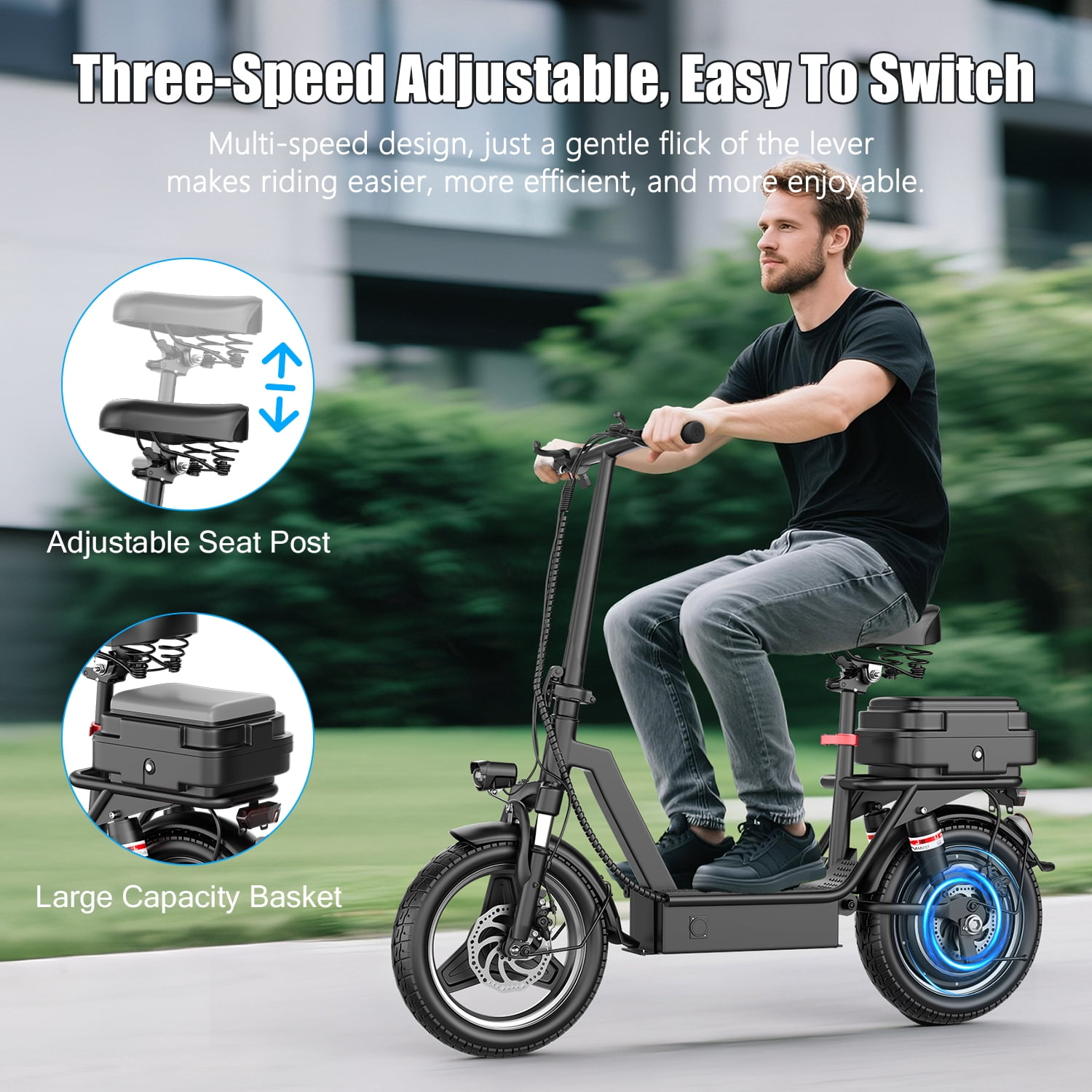 ASKGO K11 Commuter Electric Scooter,1200W Peak Motor 48V 15Ah High-Performance E-scooter, 14 " Commuter Electric Scooter with Seat &Carry Basket-Up to 35Miles 25MPH,Electric Scooter For Adults,UL2272