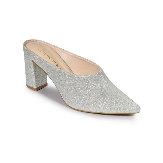BLISSFUL STEP Women's Shoes Pointed Toe Slip on Chunky Heels Glitter Slide Mules Shoes Silver 10