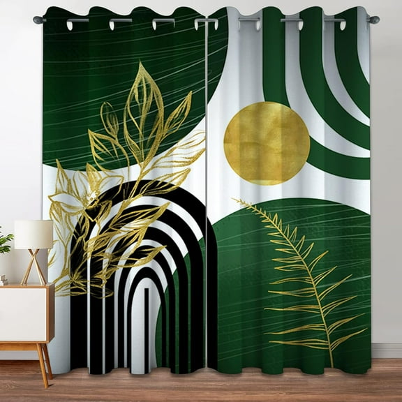 Green and Gold Patterned Blackout Curtains Boho Mid Century Modern Aesthetic Thermal Grommet Window Drapes for Bedroom Living Room Black Out 2 Panels Set-52"W x 72"L (Pack of 2)
