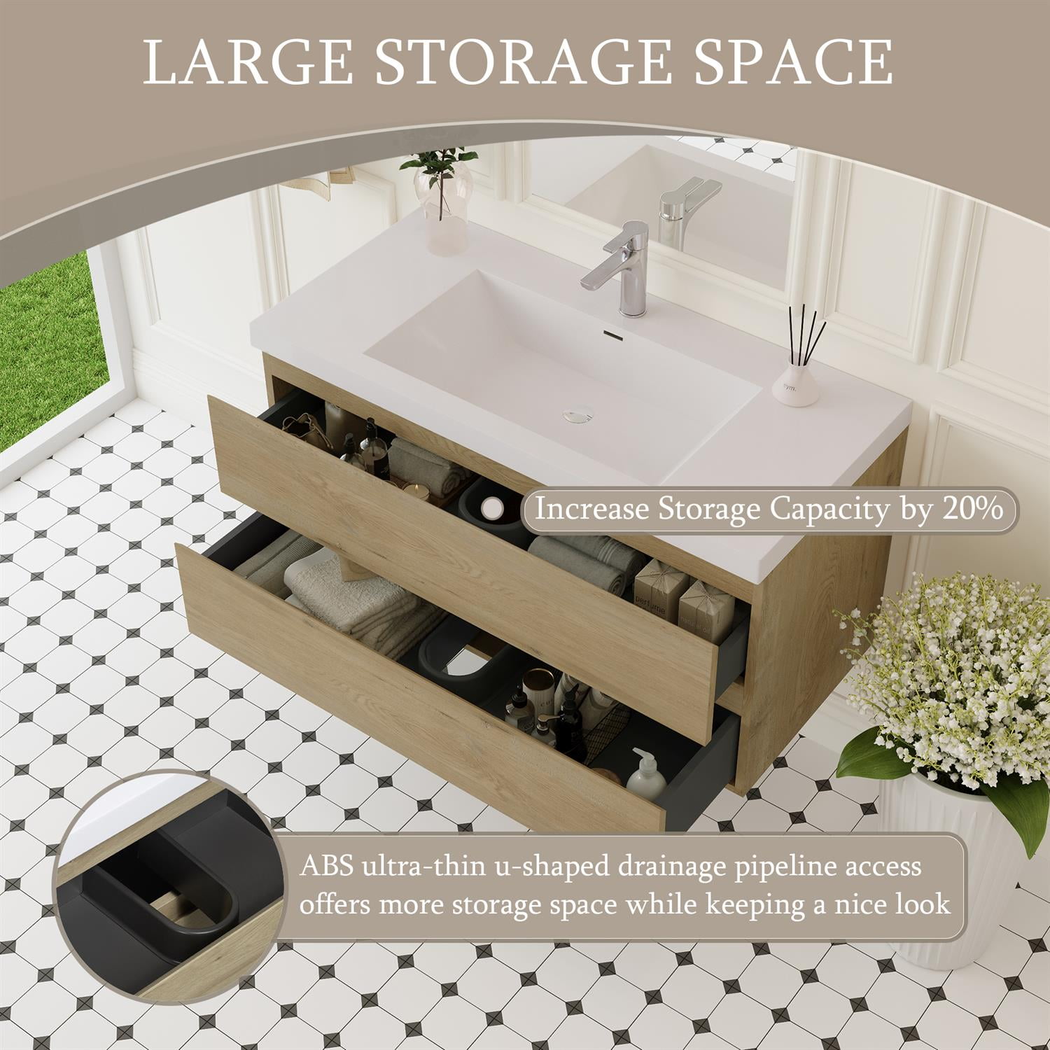 Demi Bonn 42" Floating Bathroom Vanity with Sink, Resin Top Basin and 2 Soft Close Drawers, Faucets and Drains Not Included, Brown