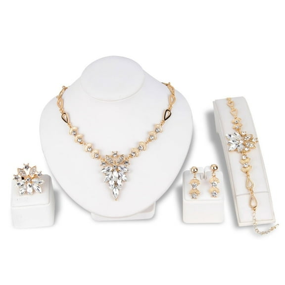 DaXi Women Rhinestone Grape Pendant Necklace Stud Earrings Ring Bracelet Jewelry Set,White