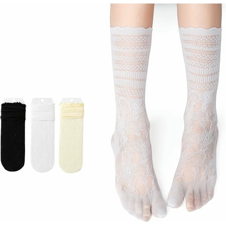 KALAKALA Women Tabi Socks with Lace, Split Toe, Cotton Blend, Low Cut Invisible Liner Socks, 3 Pair
