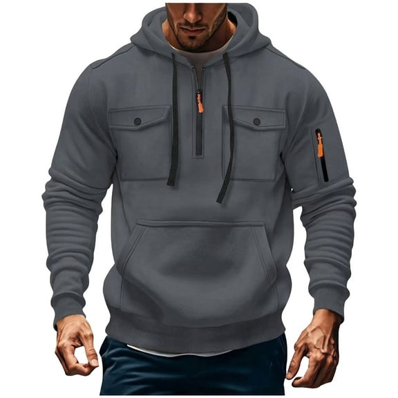 Mens Hoodies Sweatshirts for Men 1/4 Zipper Cargo Pullover Pockets Sports Fitness Training Jacket Fleece Lined Hooded Sweatshirt Drawstring Hoody Sweater Casual Long Sleeve Hoody Coats