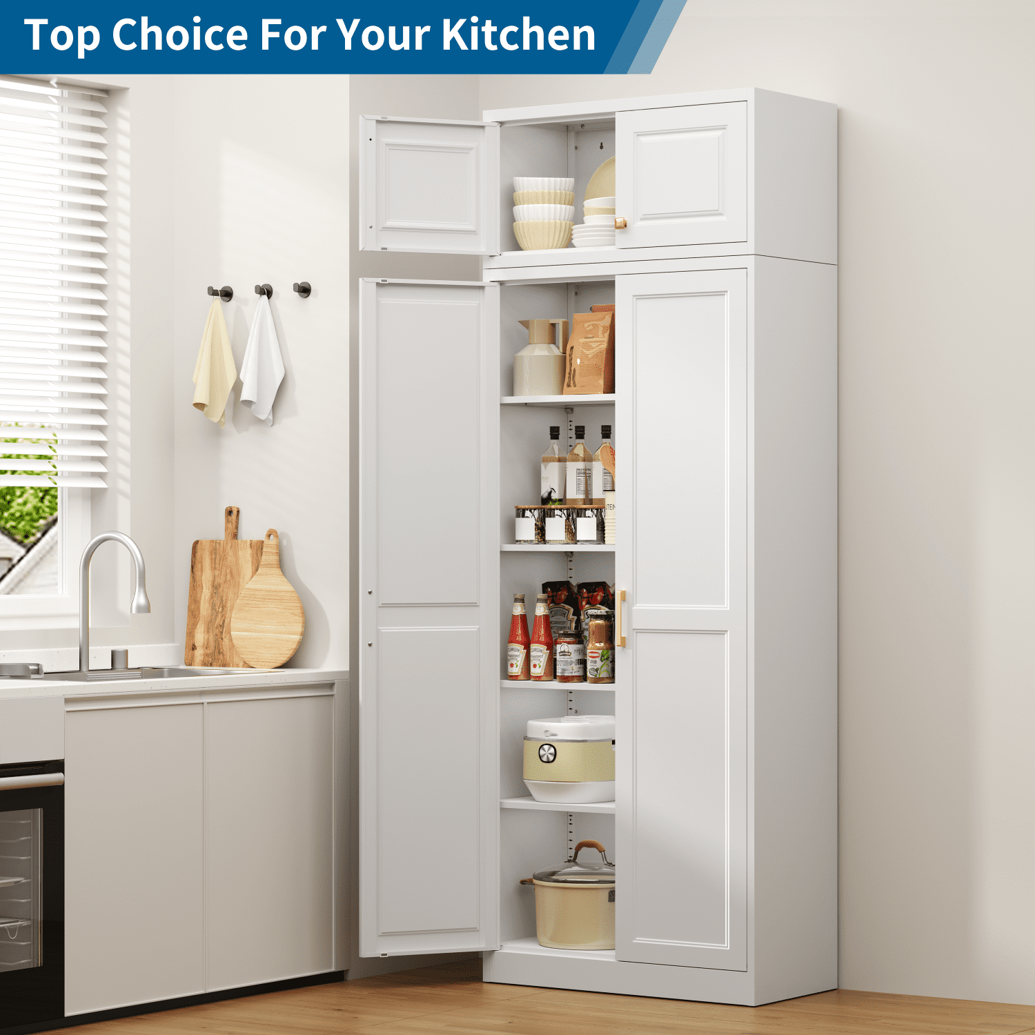 Polup 86" Height Modern Metal Pantry Storage Cabinet with Doors and Adjustable Shelves White for Living Room Kitchen and Home