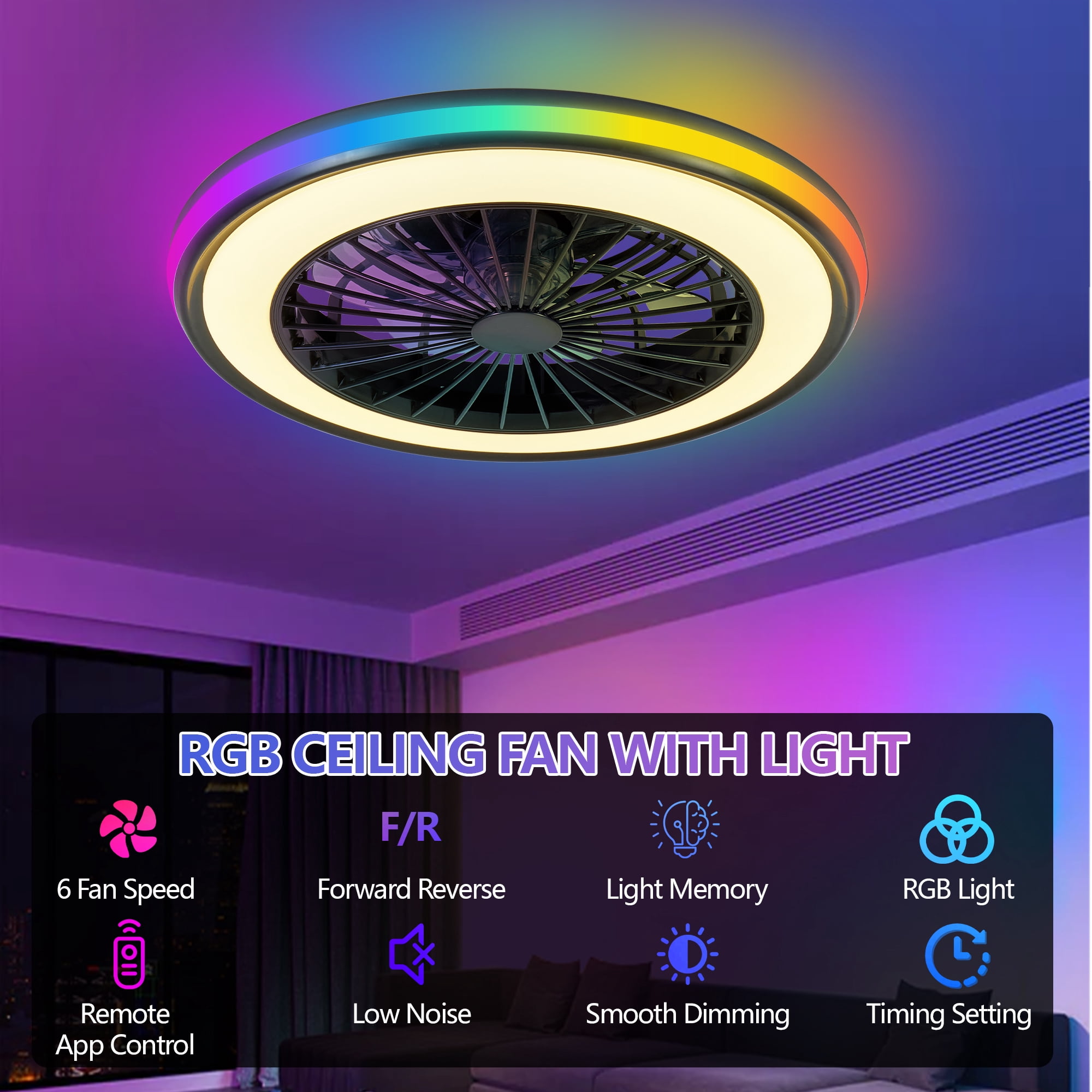 Miniyam 20" LED RGB Ceiling Fan Lights and Remote Control, 6 Speed, Dimmable Fandelier for Bedroom, 3000/4500/6000K, Black