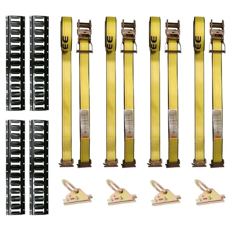 E-Track Tie-Down Kit &ndash; 5 Black Powder-Coated Horizontal Rail Made in USA with 2 x12 Ratchet Straps & 2 O-Ring Fitting